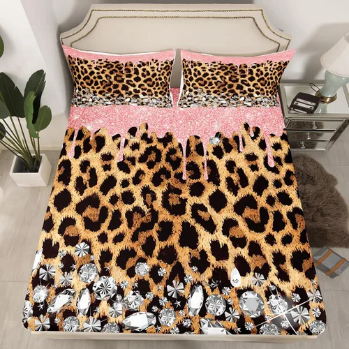 Miniatura 10 de Manfei Sábana bajera ajustable de piel de animal, tamaño individual, funda de cama con estampado de cebra de leopardo con 1 funda de almohada, juego
