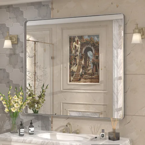 Miniatura 129 de Paquete de 2 espejos de baño con marco de metal negro de 22 x 30 pulgadas, espejo rectangular redondeado negro mate, antioxidante, se cuelga