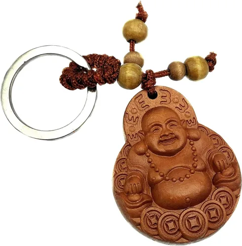Miniatura 2 de Betterdecor Feng Shui Peach Wood Money Happy Laughing Buddha Key Ring Amulet for Wealth Luck