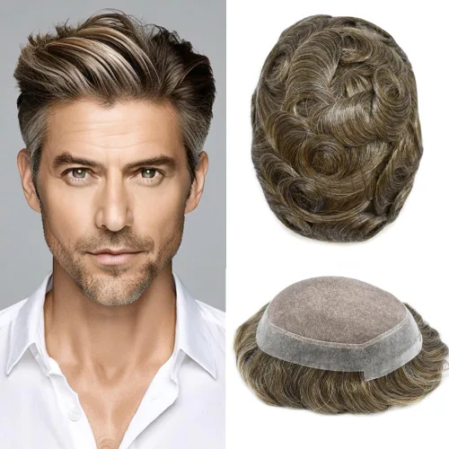 Miniatura 115 de Tupé para hombres, piezas de cabello humano real, sistema de unidades de cabello natural, línea capilar natural, pieza de repuesto para hombres