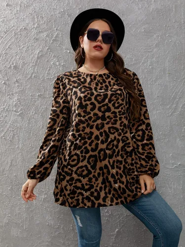 Miniatura 5 de OYOANGLE Blusa de manga larga con estampado de leopardo para mujer, talla grande, blusa suelta