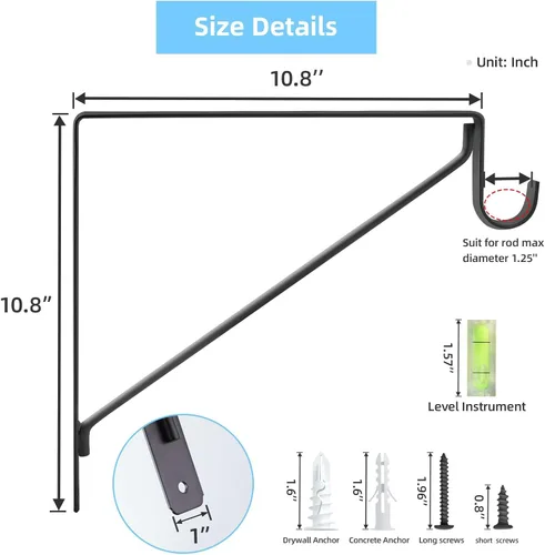 Miniatura 2 de Paquete de 4 soportes para barra de armario, soportes de estante de armario de 10.8 x 10.8 pulgadas para trabajo pesado montados en pared, soportes