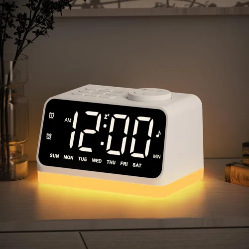 JALL Reloj despertador digital con radio FM para dormitorio, luz nocturna de 8 colores con puerto de carga, máquinas de sonido para dormir con White