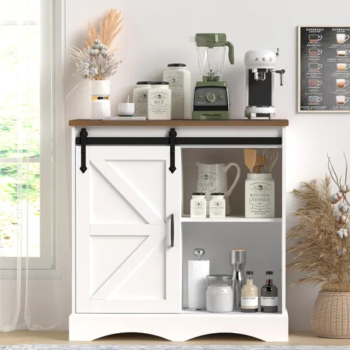 Miniatura 3 de Hlivelood Gabinete de bar de café de granja, gabinete de almacenamiento de buffet blanco con puerta corrediza de granero, aparador de cocina de 31.5