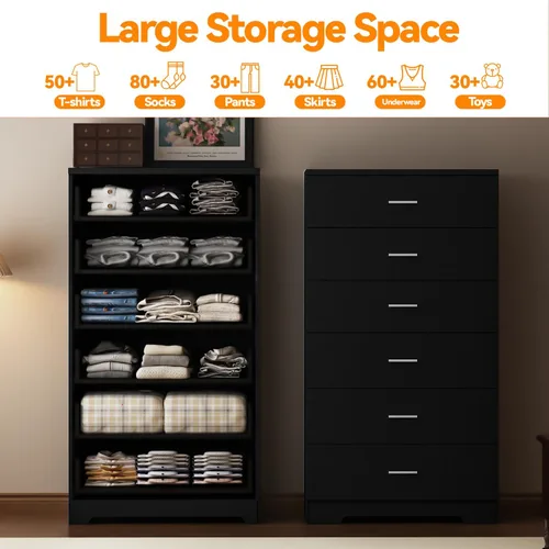Miniatura 5 de Cómoda de 48" de alto para dormitorio, cómoda de madera con 6 cajones con tomas de corriente, cómoda con gran espacio de almacenamiento y asas