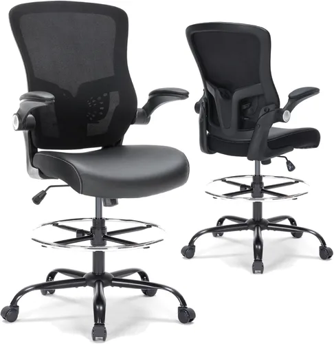 Silla de dibujo, silla de oficina alta con asiento de piel sintética, silla de escritorio ergonómica de pie con soporte lumbar, silla de oficina con