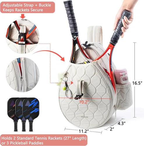 Miniatura 3 de Bolsa de tenis acolchada para mujer – Mochila de tenis y bandolera Capacidad para 2 raquetas o 3 paletas de pickleball Bolsa ligera para raqueta