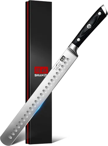 Miniatura 8 de SHAN ZU Cuchillo de rebanar de 12 pulgadas - Cuchillo profesional alemán para rebanar y trinchar carne de pecho, hoja de acero inoxidable 1.4116