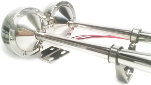 Miniatura 7 de Pactrade Marine Juego completo de cuerno de trompeta dual eléctrico de acero inoxidable para barco de 12 V-150 db para pontón RV coche, camión, barco