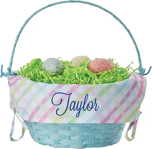 Cesta de huevo de Pascua personalizada con asa y nombre personalizado en escritura azul marino | Forro de canasta de Pascua multicolor | Cesta azul