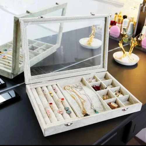 Miniatura 9 de STYLIFING Tapa transparente 3 en 1, bandeja de joyería, aretes, collar, caja de almacenamiento, soporte apilable, exhibición de terciopelo de hielo