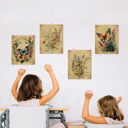 Miniatura 5 de HRQKO Juego de 4 pósteres de arte de pared de mariposa floral vintage, arte de pared floral, arte de pared retro, póster de impresión de mariposas