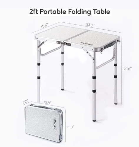 Miniatura 3 de YUFIFAIRY Mesa plegable pequeña de 2 pies, mesa de campamento portátil con soportes de malla, altura ajustable de aluminio ligero, con asa