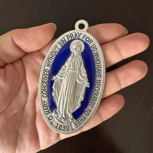 Miniatura 3 de Bovemee Medallas Milagrosas extra grandes de 3.5 pulgadas chapadas en plata, Colgante Dorado Medalla de la Virgen Milagrosa Amuleto Regalos Católicos