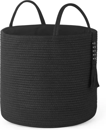 Miniatura 14 de Mkono Cesta Alta de Mimbre para Ropa Sucia Cesta de Almacenamiento Tejida Cesta Decorativa de Cuerda Natural Decoración de Cuentas de Madera