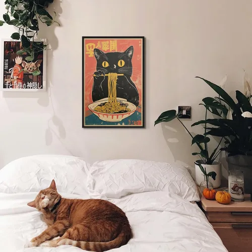 Miniatura 5 de Arte de pared vintage de gato japonés en lona, póster de gato negro peculiar comiendo ramen, impresión de arte retro de animales divertidos