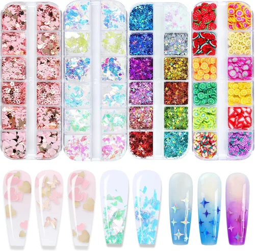 Miniatura 10 de AddFavor Kit de 4 cajas de lentejuelas con purpurina para uñas, formas mixtas, mariposa holográfica, flor, corazón redondo, copos de arte de uñas