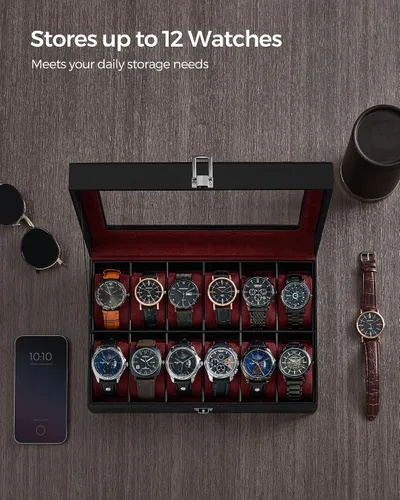 Miniatura 4 de SONGMICS Caja de reloj, caja de reloj de 12 ranuras con tapa de vidrio grande, almohadas extraíbles para reloj, organizador de caja de reloj, regalo