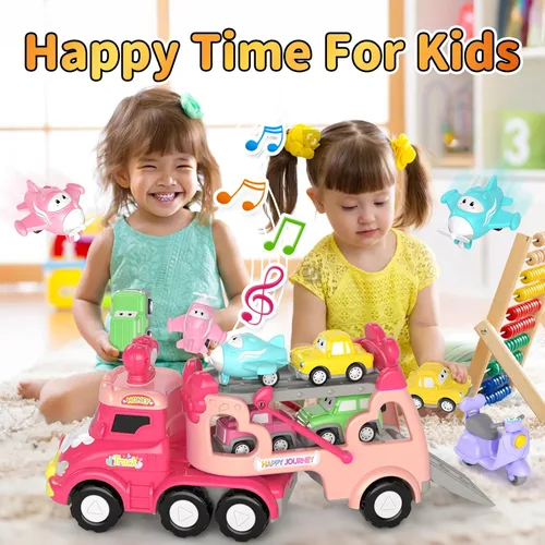 Miniatura 5 de newcrave - Juguetes de camiones para niñas de 1, 2, 3 años, juguetes de autos transportadores 7 en 1 para niñas pequeñas de 1-2, 2-3 años, juguete
