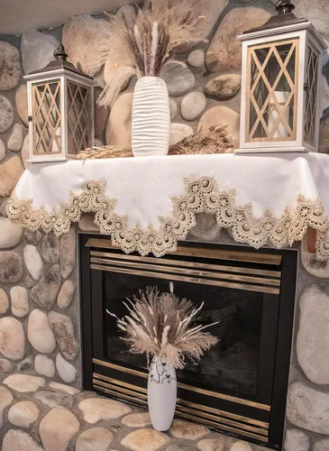 Miniatura 3 de Linens, Art and Things Bufanda de chimenea con estampado de pavo real europeo dorado beige sobre jacquard marfil (19Wx90L)