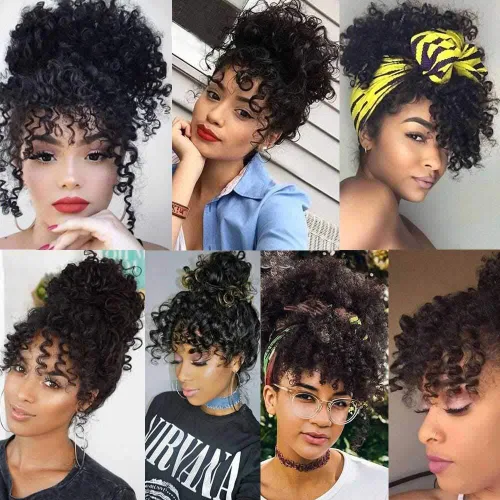 Miniatura 2 de Peluca rizada con flequillo corto afro para mujeres negras, G&T Wig, rizos esponjosos, flequillo clip-in (1B, flequillo simple)