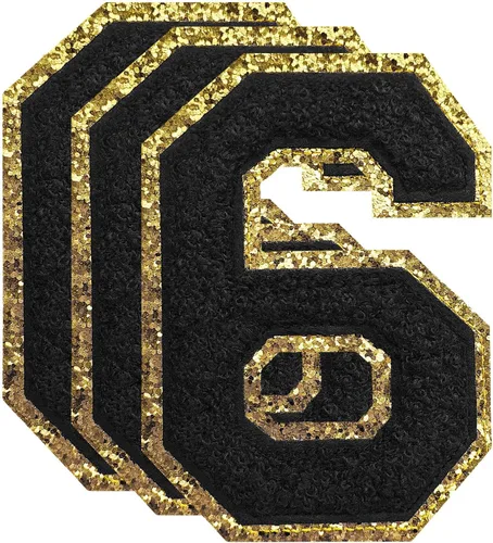 Miniatura 126 de 3 parches de números de chenilla negra, tamaño grande de 4-1/2" parches de números para planchar, parches universitarios para ropa, 8" Borde oro rosa