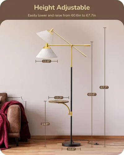 Miniatura 6 de EDISHINE - Lámpara de pie de arco de 68" con mesa, lámpara de pie vintage para sala de estar con bandeja, altura ajustable, bombilla LED de 5