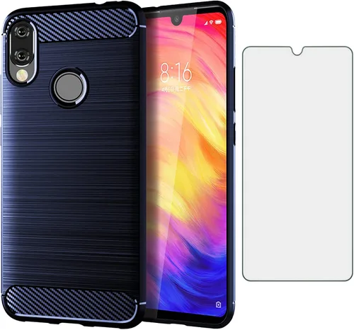 Asuwish Funda compatible con Xiaomi Redmi Note 7/7Pro y protector de pantalla de vidrio templado, accesorios de celda, TPU de cuerpo completo, Azul