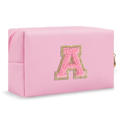 Miniatura 197 de Pequeña bolsa de maquillaje personalizada con inicial A-Z Preppy Patch, bolsa de cosméticos de viaje de felpilla blanca con cremallera, bonita bolsa
