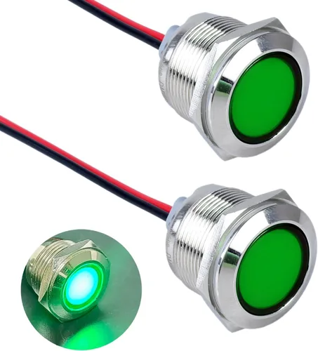 Miniatura 10 de 2 piezas de 16 mm (5/8") luz indicadora LED, 12-24V AC/DC 20mA, lámpara piloto de metal impermeable IP67 de ahorro de energía, lámpara plana de Verde
