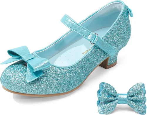 Miniatura 6 de DREAM PAIRS Zapatos de vestir de tacón bajo para niñas, con lazo intercambiable, purpurina, boda, fiesta, Mary Jane, zapatos para niños pequeños
