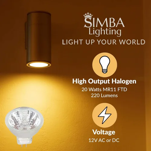 Miniatura 4 de Simba Lighting MR11 - Bombillas halógenas de 20 W 12 V FTD (paquete de 10) 2 pines 220 lm para paisaje, acento, luces de pista y fibra óptica, base