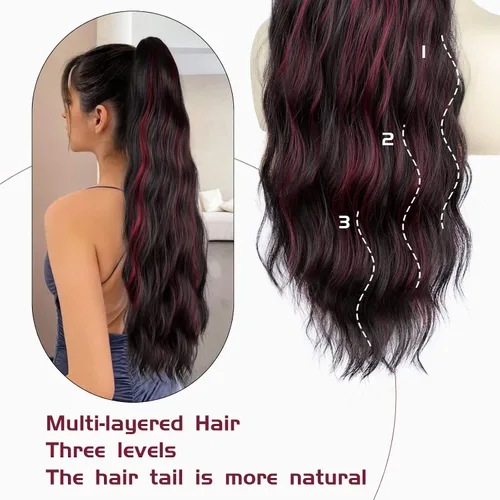 Miniatura 5 de FREEMEIGE Extensiones de cola de caballo largas onduladas con cordón para mujeres, extensiones de cabello con clip para cola de caballo, mezcla