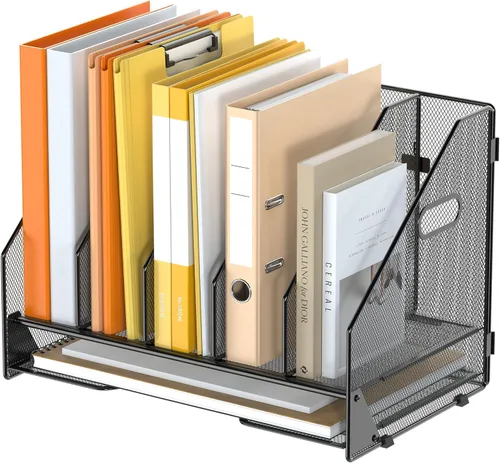 Organizador de Carpetas de Archivos de Escritorio - 5 Compartimentos Verticales con Estantes y Bandeja para Cartas de Papel, Clasificador de Negro
