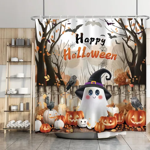 Miniatura 3 de Cortina de ducha de Halloween con fantasmas felices, cortina de baño espeluznante de calabaza malvada y murciélago, hojas de otoño, cortinas