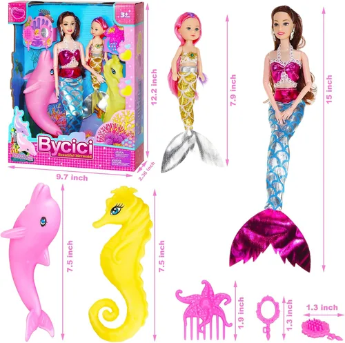 Miniatura 7 de Muñecas de Sirena Baljinder con La Sirenita Juguetes de Baño de Sumersión de Sirena de Verano con Delfín y Caballito de Mar que Cambian