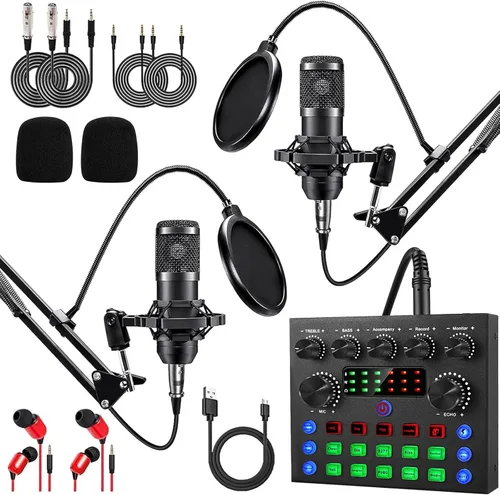 Paquete de equipo de podcast para 2, interfaz de audio ALPOWL con micrófono BM800 de diseño cardioide para jugadores y mezclador DJ todo en uno,