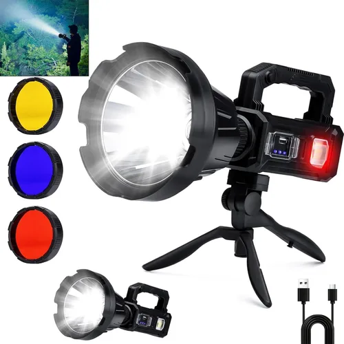 Miniatura 8 de Linterna de foco recargable, 2,000,000 L lúmenes, luz LED de mano con rotación de 350°, 9 modos, carga solar y USB-C, impermeable, linterna
