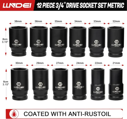 Miniatura 3 de LLNDEI juego de llaves de impacto de 1.9 cm (3/4"), 12 piezas de alta resistencia CR-MO, diseño de 6 puntas, profundo/jumbo, SAE 3/4" a 1-9/16