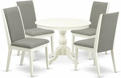East West Furniture HBLA5-LWH-06 - Juego de mesa de comedor de 5 piezas, incluye una mesa de cocina redonda con pedestal y 4 sillas de comedor