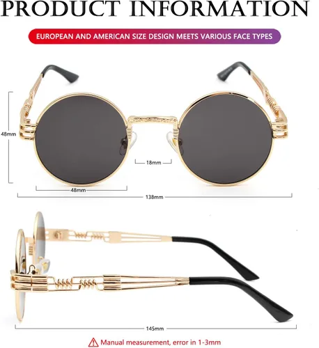 Miniatura 6 de AIEYEZO Round Steampunk Sunglasses for Men Women Retro Circle Hippie Glasses Metal Frame 100% UV Blocking Lens