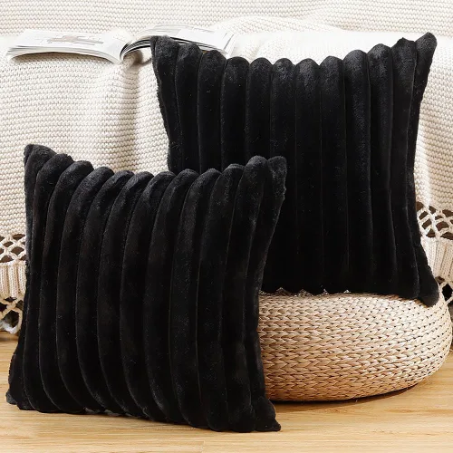 MADIZZ Juego de 2 fundas de cojín decorativas de felpa de lana sintética de 16 x 16 pulgadas, color negro, a rayas, suaves, decorativas, para sofá,