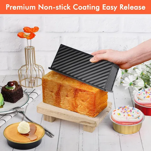 Miniatura 7 de Beasea Pullman - Molde para pan con tapa, paquete de 2 moldes pequeños antiadherentes para pan de 0.5 lb, acero al carbono, mini caja para pan Negro