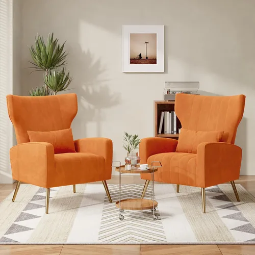 Miniatura 19 de Nebuaegis Silla decorativa de terciopelo con respaldo alado para sala de estar, sillón de respaldo alto con patas doradas, almohada lumbar, sofá