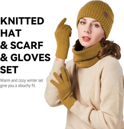 Miniatura 8 de OZERO Juego de 3 piezas de gorro de invierno y bufanda para mujeres y hombres: guantes para pantalla táctil, gorro de punto, calentador de cuello