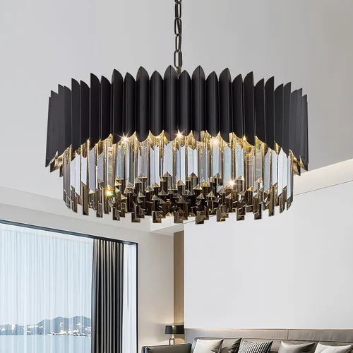 Miniatura 17 de Candelabro de cristal negro de 20 pulgadas, K9, luces colgantes redondas, ajustables, de 4 niveles, gran lámpara de cristal moderna, 6 luces
