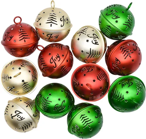 Miniatura 4 de 12 cascabeles grandes de 2.5 pulgadas de 2.5 pulgadas, cascabel de Navidad con patrones huecos de árbol alegre, campanas de metal grandes
