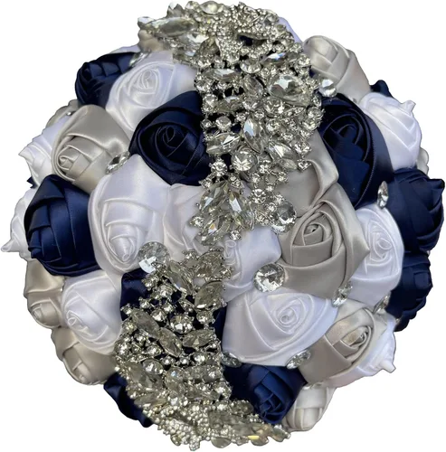 Miniatura 15 de XINNI Ramo de boda verde esmeralda para novia, dama de honor, satén rosa, ramo de boda con diamantes de imitación en forma de lluvia de meteoritos