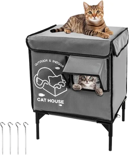 Miniatura 9 de Casa para gatos al aire libre, refugio elevado indestructible para gatos resistente a la intemperie con puerta de escape, exterior impermeable