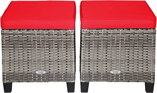 Miniatura 9 de HAPPYGRILL Juego de 2 otomanas de mimbre de ratán para exteriores, con cojines extraíbles, muebles de patio, reposapiés, asiento para reposapiés